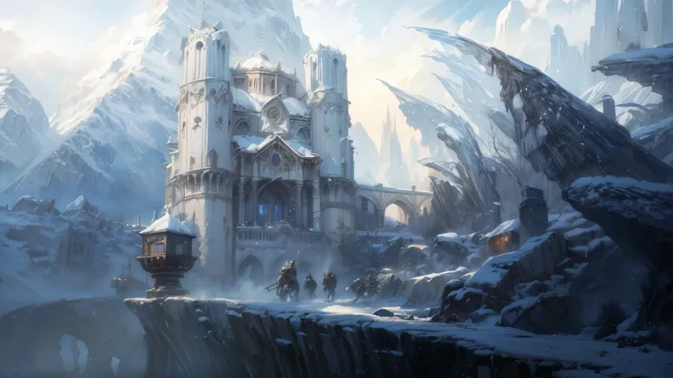 ((Meisterwerk, high quality, artgerm, artstation, beautiful)), Mitten in einem schneebedeckten Berg steht eine Burg, Winter-Konzeptkunst, atemberaubende Konzeptkunst, Andreas Rocha-Stil, inspiriert von James Paick, inspiriert von Michael Whelan, Andreas Ro...