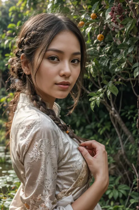 (best quality,highres,realistic:1.37),Portrait,Close-up,Girl from Javanese village with braided bangs, wearing kebaya, walking in the rice field, on a bright morning,traditional attire,elegant,serene face,sparkling brown eyes,delicate curls,khaki kebaya ad...