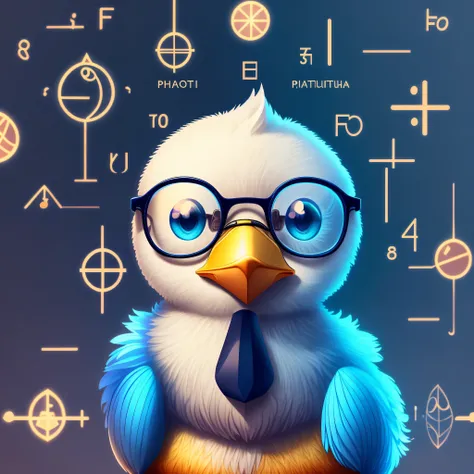 pato branquinho fofo, wearing glasses, background with mathematical formulas and logical rules, o patinho tem cara de inteligente.