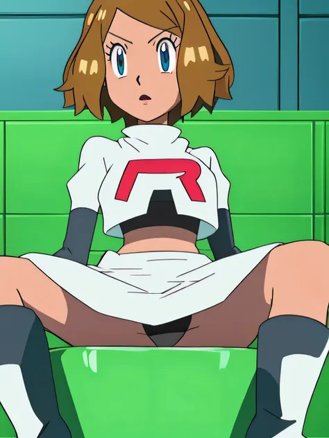 serena, glossy lips,team rocket uniform, red letter r, white skirt,white crop top,black thigh-high boots, black elbow gloves, spread legs, black panties,on toilet