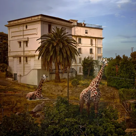 there are two giraffes standing in a field next to a building