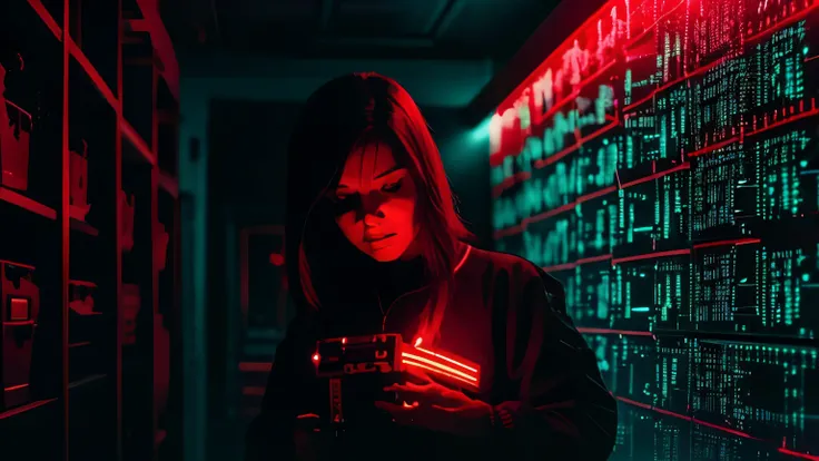 CODE, HACKER, caos IT blackground, Red neon light, dark tone, hardware,Computer Science , Scifi, Dark fantasy style, Red neon, dark tone, hardware,