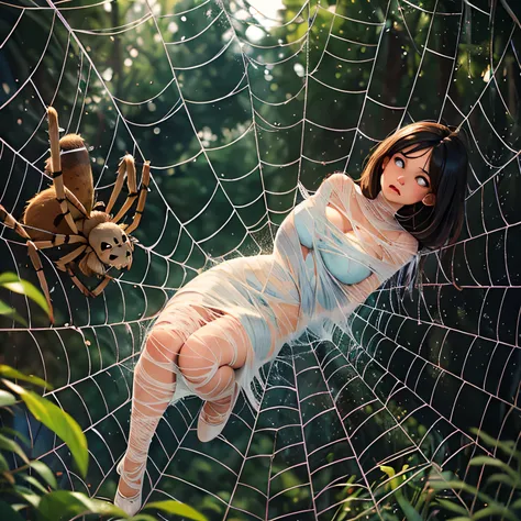 a girl with frightened eyes,caught by surprise,desperate look,flying hair,entangled in the sticky spider web,trying to break fre...