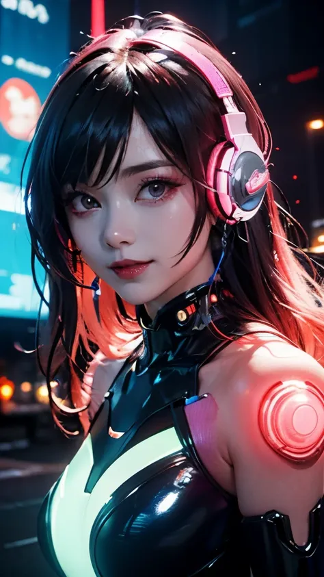 1 girl, Chinese_clothes, white and orange, cyberhan, cheongsam, cyberpunk city, dynamic pose, glowing headphones, glowing hair accessories, long hair, glowing earrings, glowing necklace, cyberpunk, high-tech city, full of mechanical and futuristic elements...