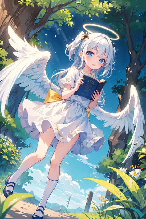 (in 8K, best quality, master piece: 1.2), ultra-high resolution, one cute girl,flying,holding a book,Angel,Sariel,perfect face,blue eyes,detailed eyes, halo,slim body,angel wings, cute,short skirt dress,knee high socks,pumps,great joy,open mouth, platinum ...