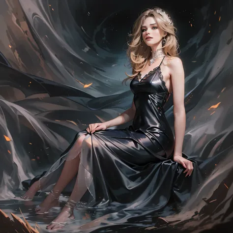 Beautiful woman in vey long translucent black satin dress