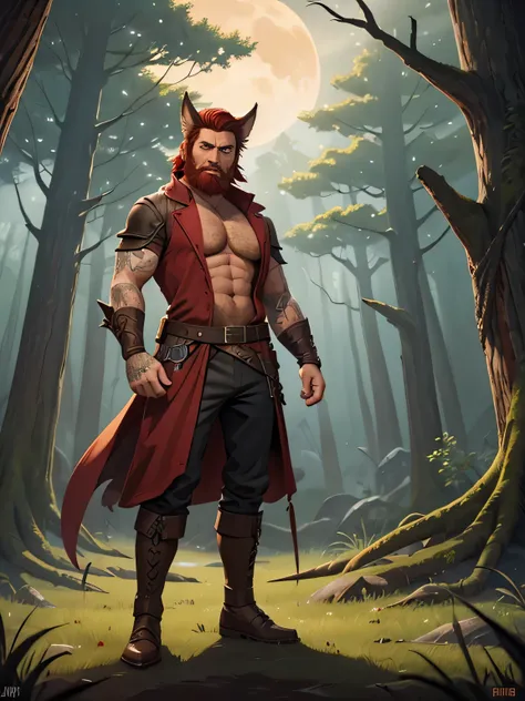 (main subject) a man with red hair and a beard, wearing a fantasy setting attire 
(material) a mix of oil painting and digital illustration 
(additional details) piercing bright eyes, elongated wolf ears, sharp claws, and menacing sharp teeth 
(image quali...