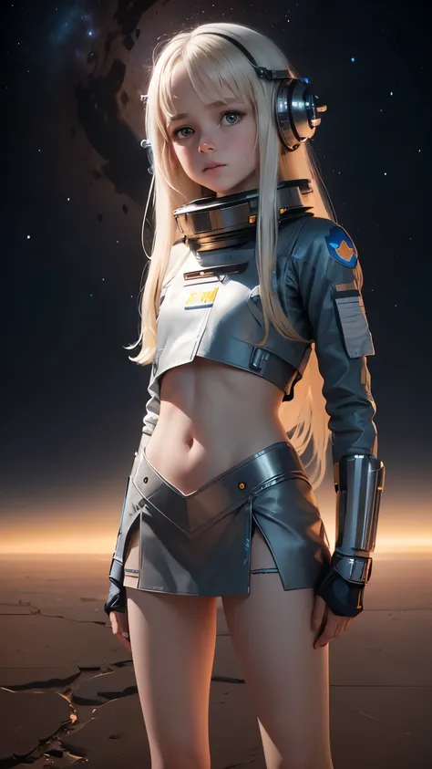 Ultra realistic   girl 8 years old , nordic ,    body  , long blonde hair frinje  , alienigena girl . Uniforme  prateado , space girl , sci-fi , silver skirt , OVNI  . Desert , nave espacial . Arma espacial 