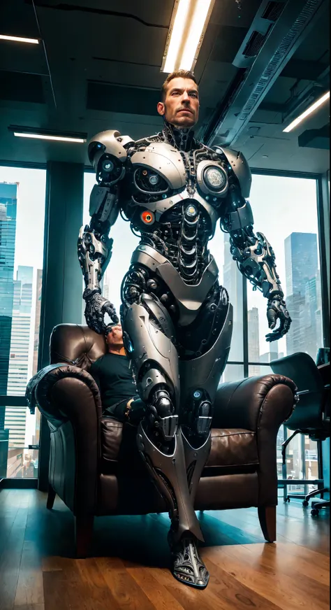 a skyscraper office in the big city, the cyborg man sits in a luxurious chair, high quality, absurdres, masterpiece, beautiful, ...