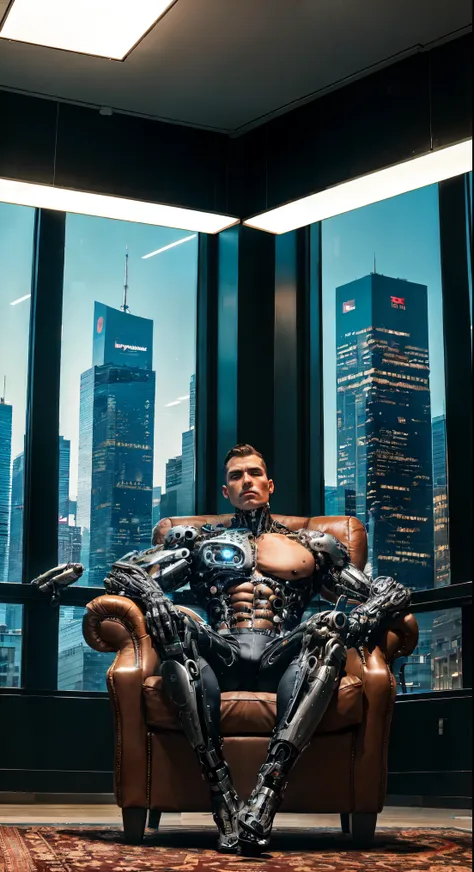 a skyscraper office in the big city, the cyborg man sits in a luxurious chair, high quality, absurdres, masterpiece, beautiful, ...