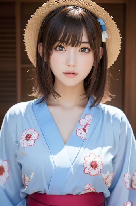 masutepiece, Best Quality, One girl, (Beautiful Girl:1.3), (18 years old:1.3), Very fine eye definition, (Symmetrical eyes:1.3), (yukata, floral pattern yukata:1.2), Beautiful breasts, Brown eyes, Parted bangs, Brown hair