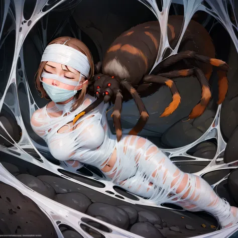 1girl,Spider weaves a net on a girl, very realistic, very detailed,bed,stretched, dark cave, struggle in the net,brown haired, very long sheer skirt,lying down,(blindfold:1.4),(ballgag:1.4)