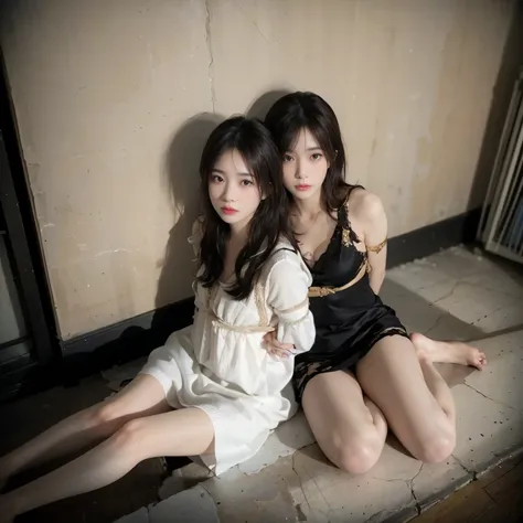 Two beautiful women tied up with ropes in a basement and forced to sit upright on the floor.、With an anxious and frightened look、My slender sister has straight black hair、My sister has short brown hair、Her hands were tied behind her back over her nightgown...