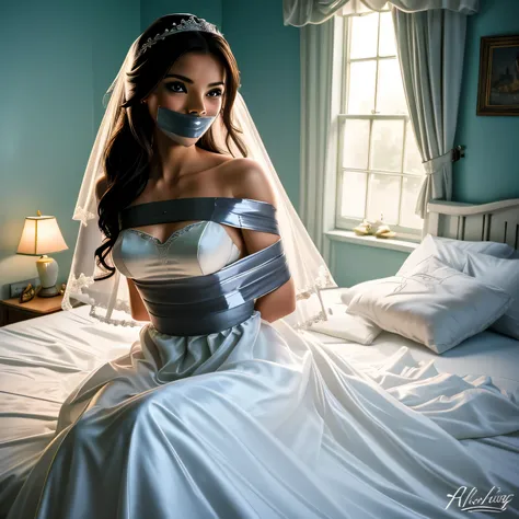 (bright lighting,romantic setting),bride captured, dreamy background,bondage,dark hair, mesmerizing gaze, , soft skin, alluring beauty, artistic portrait, high-quality image, vibrant colors, long silk gown, in the bed,tape bondage,tape gag, mosquito net, b...