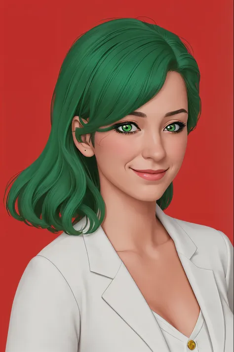 1girl, green hair, blinking with one eye, smirk,  long white coat, highly detailed, realistic, plain red background,