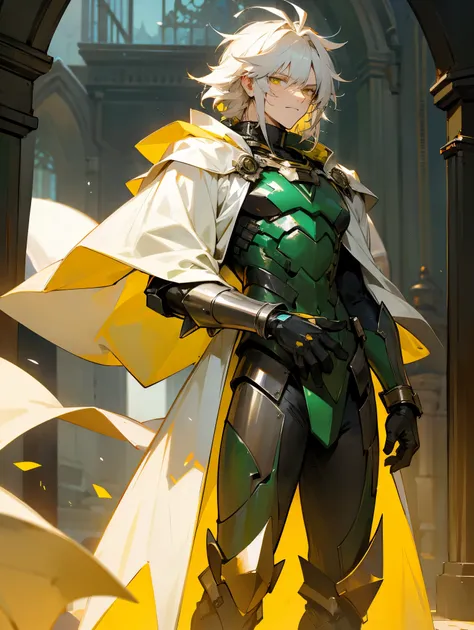 1male , White Messy Hair , Adult Male , Green Robes , Metal Armorsuit , Dr. Doom , Yellow Eyes , Standing in Castle , Perfect Generation , Masterpiece Quality