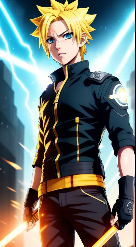 A solo battle scene from the Blood_Skelter universe featuring a determined young boy with blonde hair and yellow clothing. His bright eyes convey a fierce concentration as he readies himself for combat, the irises of his eyes meticulously detailed. The str...