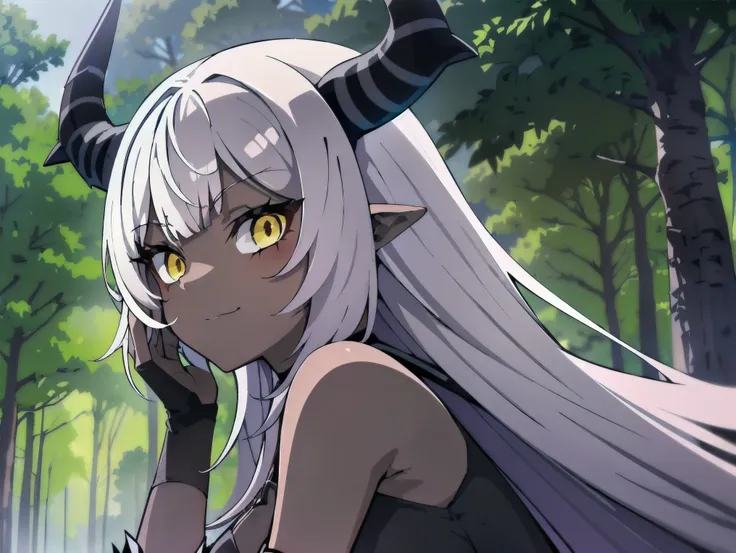 concept art, ((cg)), ((1girl)), lolita, ((((dark skin)))), ((((long white hair)))), (((blunt bangs))), yellow eyes, ((heterocrom...