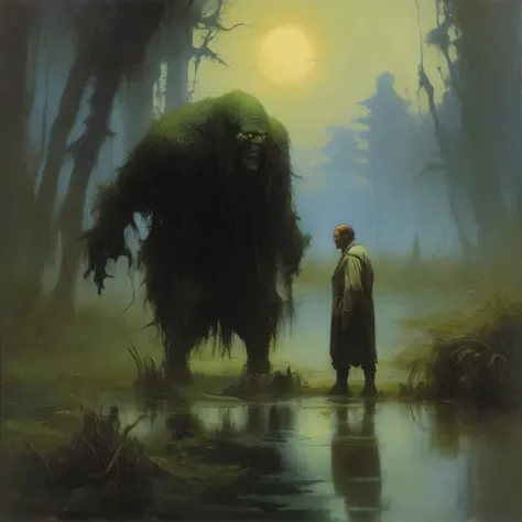 a painting of a man standing in a river next to a giant creature, paul lehr and beeple, michael whelan and gustave done, michael whelan art, andreas rocha and john howe, swamp monster, artstyle zdzisaw beksinski, charles vess and thomas kinkade, greg manch...