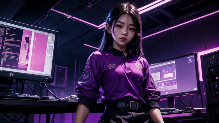 Thai teenager, all orchid purple polo, Collar ends and sleeves There are 2 white lines, Computer Science, Scifi, Dark fantasy style, Red neon, dark tone, hardware,