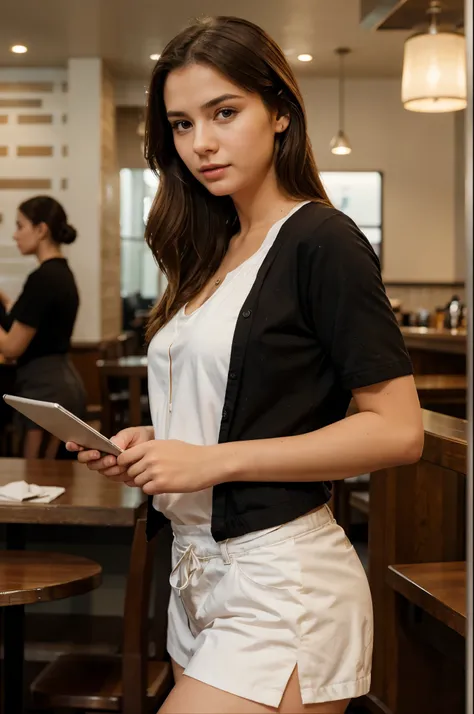 realistic photo of a beautiful young woman in work clothes in a restaurant, uhd resolution