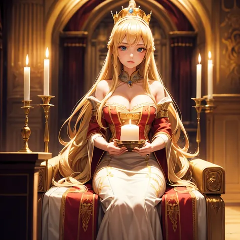 Young woman, blonde hair, long hair, blonde long hair, interior, castle interior, facing the camera, crown, royalty, regal, fancy, dress, queen, princess, candle, firelight, brazier, center frame, single subject, well lit, cleavage.