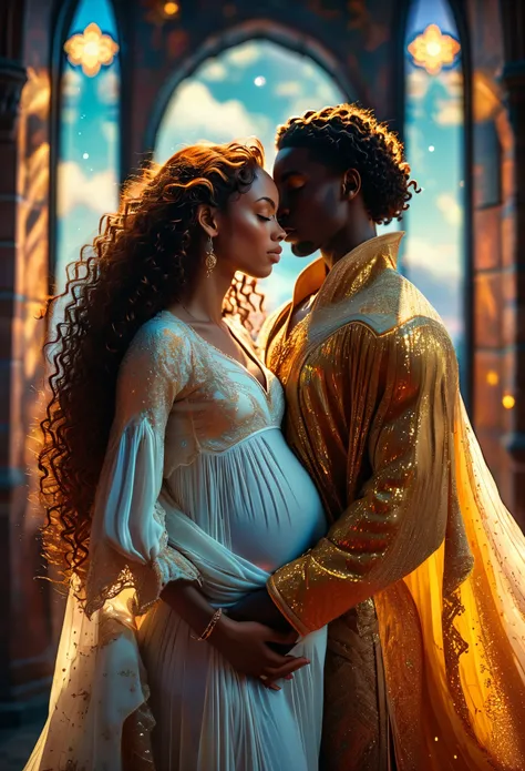 In a celestial landscape, two people dressed luxuous, they are all darkskin,  (((one darkskin ginger hair pregnant1.5 woman))) and (((one short brown hair woman))), (they are two différent and separate couple1.2). (Two couple of four people:1.2). The first...