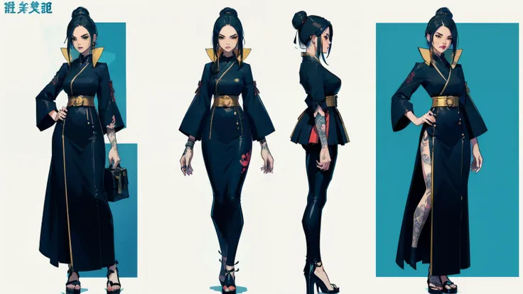 model sheet of full body, character concept art, top artstation, female, yakuza boss girl. black hair, tattoes left arm, is rela...