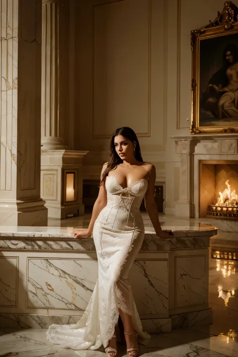 Detailed Photo of an elegant woman with both wrists tied with thick white ropes. The woman leans against a gigantic marble fireplace. Hight Flames. Versace lace dress. She wears a Venetian mask. Moody low light