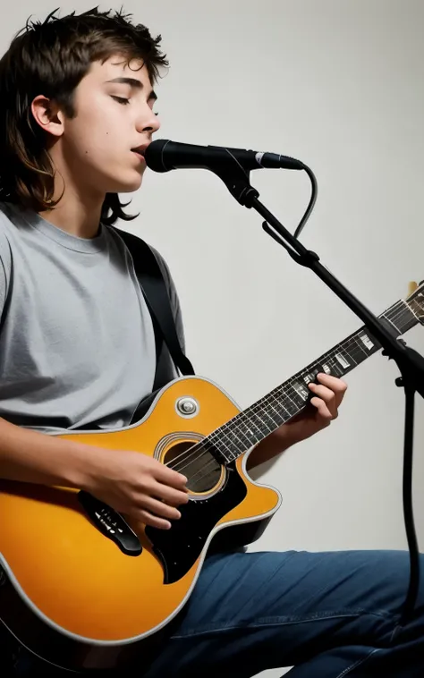  a teenager plays the guitar.  imagem hiper realista e cinematografica