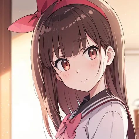 high quality, masterpiece. girl. red headband. brown hair. brown eyes. ordinary face. . pink bow on collar. in the background of...