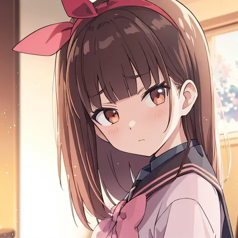 high quality, masterpiece. girl. red headband. brown hair. brown eyes. ordinary face. . pink bow on collar. in the background of...