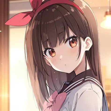 high quality, masterpiece. girl. red headband. brown hair. brown eyes. ordinary face. . pink bow on collar. in the background of...