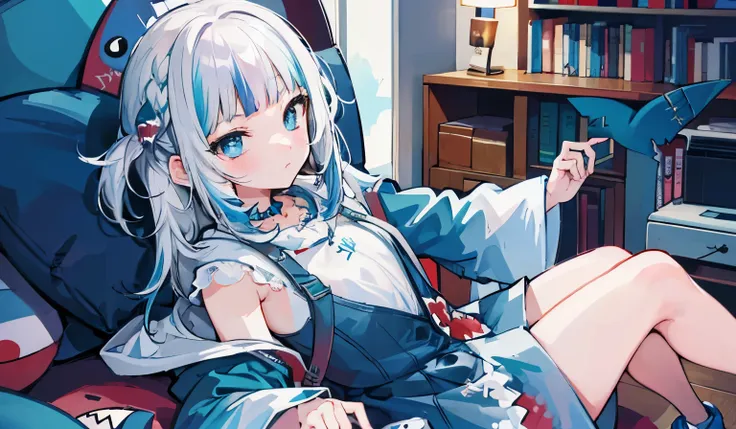 high resolution、high quality、ultra-detailed、8k wallpaper、1 girl in、kawaii、Wearing a shark costume、Kamimei、Melancholy is in the air、lovers、5 fingers, 1girl, Shark costume, girls room, video game, shark cap, white hair, 