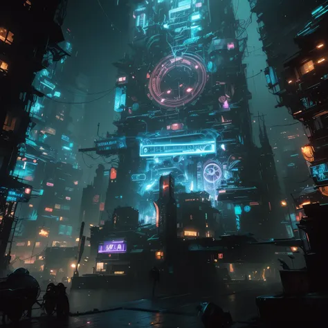 Clock Tower in a cyberpunk city at a wet night