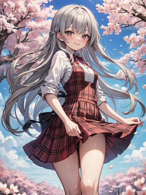 High resolution　high quality　gray hair　length hair　cheeks are red　smile　Show from head to thigh　small breasts　small ass　thin legs　Near the cherry blossoms　Cherry blossom petals are dancing　blue sky　grassland　length　plaid skirt　