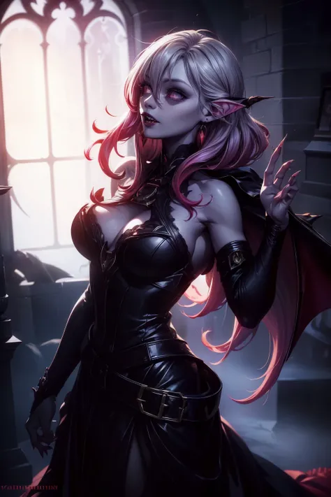 (best quality, high resolution: 1.5), 1 vampire girl, intricately detailed, scarlet eyes gleaming, fangs bared in a seductive smile, shoulder-length hair with purple streaks, intense shadowing, gothic attire, lacey collar, velvet textures, deep red lipstic...