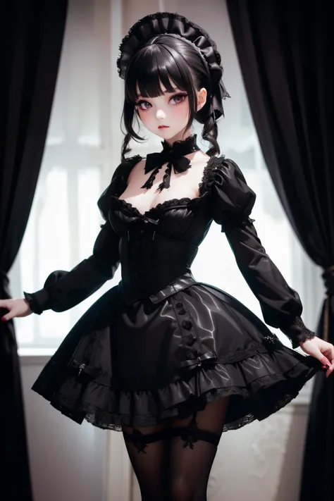 waist up dark lolita girl realistic and intricate perfect detailed beauty face, in realistic detailed elegant black short lolita...