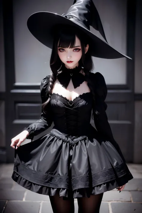 waist up witch dark lolita girl realistic and intricate perfect detailed beauty face, in realistic detailed elegant black short ...