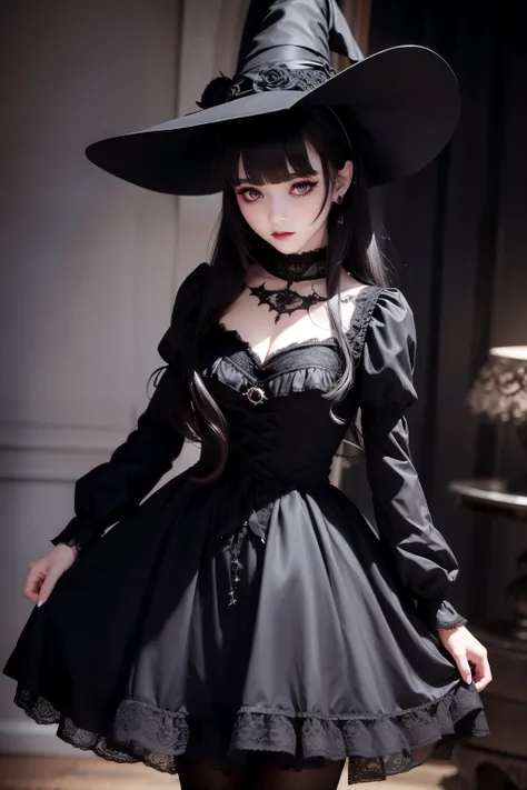 waist up witch dark lolita girl realistic and intricate perfect detailed beauty face, in realistic detailed elegant black short ...