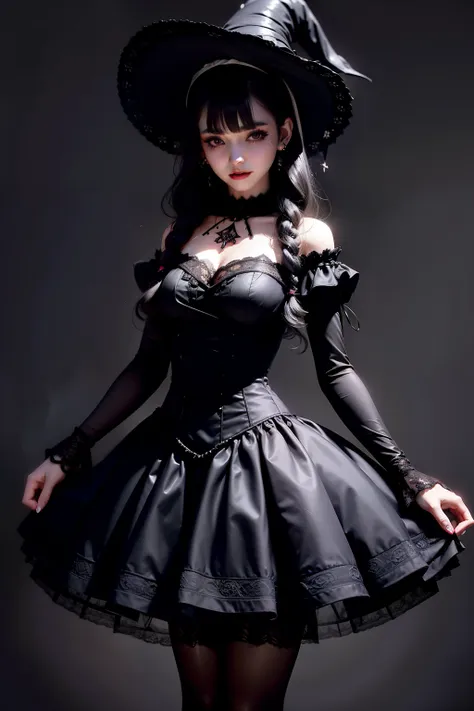 waist up witch dark lolita girl realistic and intricate perfect detailed beauty face, in realistic detailed elegant black short ...