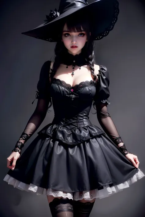 waist up witch dark lolita girl realistic and intricate perfect detailed beauty face, in realistic detailed elegant black short ...