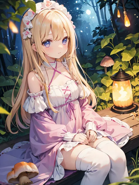 Wearing a pink off-the-shoulder puffy-sleeved dress and knee-high white boots、A bright blonde haired anime girl with pale blue-purple eyes sits in the forest next to orange mushrooms surrounded by fireflies under the starry sky。  