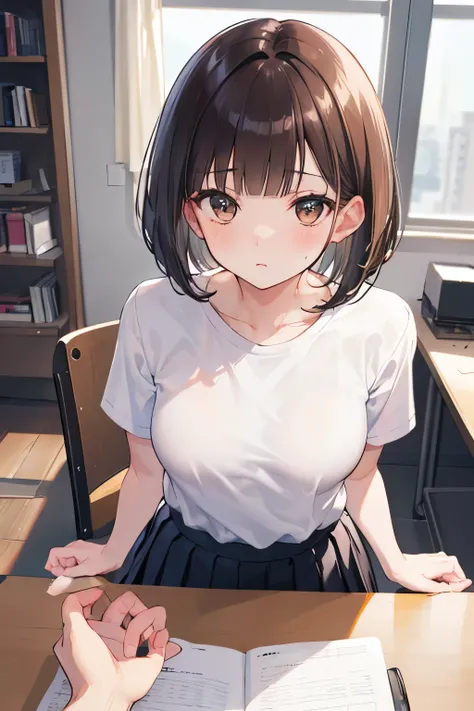 frame in, from right in front of face and body, view straight on, upper body, High quality, very high res, High quality, cute girl, brown hair, forehead, blunt bangs, bob cut, blush, Brushed up bangs, (white wearing a plain t-shirt), small breasts, upright...