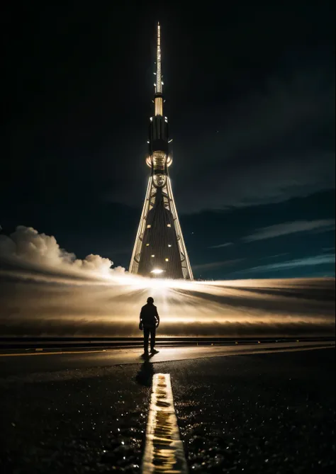 1boy,12 only、FULL BODYSHOT、The beginning of the adventure、Very dark sky、Lots of clouds,heavy fog、starrysky、Big Moon,Chaotic city of the future、dystopian、blimp、A group of very tall skyscrapers stands in the center、High-brightness radio tower、Crowded skyscra...