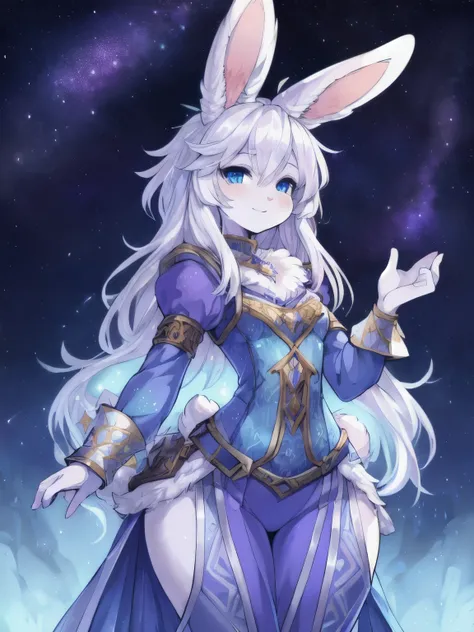 Best quality, Super detailed illustration, (fluffy bunny girl:1.4), female, 1girl feminine face and body, Adventurer Equipment, cleric, white hair, silver fur, silver skin, blue eyes ((violet clothes, stars on clothes)), Half-closed eyes, small waist, wide...