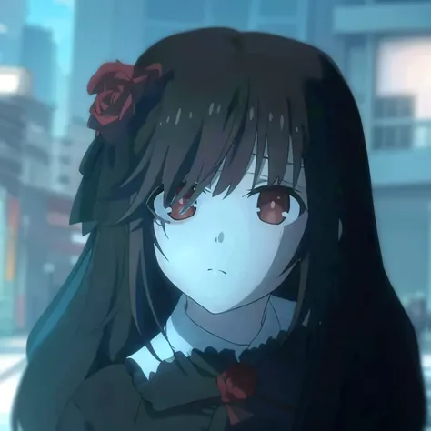 high quality, masterpiece. girl. Red eyes. dark hair. Rose in the hair. rose on clothes. Dark gothic outfit. An indifferent face. against the backdrop of the city
