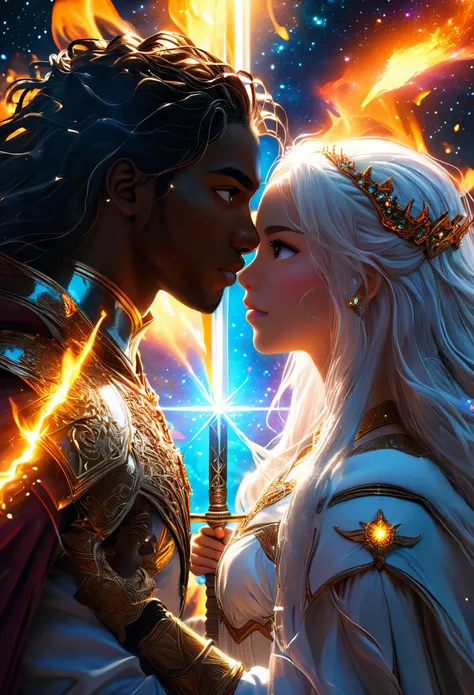 In a celestial dreamland landscape, they are all darkskin, the are in love, (((young, in 18s))) (((brown skin man and brown skin long whitehair:1.7 woman))), (((young brown skin long dark hair prince:1.3))) and (((one brown skin long whitehair1.5 woman))) ...