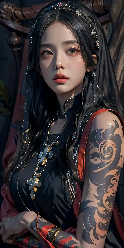 photorealistic, high resolution, soft light,1women, solo, hips up, shining skin, (detailed face), jewelry, tattoo, black nun clothing, black hair, super long hair, looking viewers, tatto, messy hair, close up