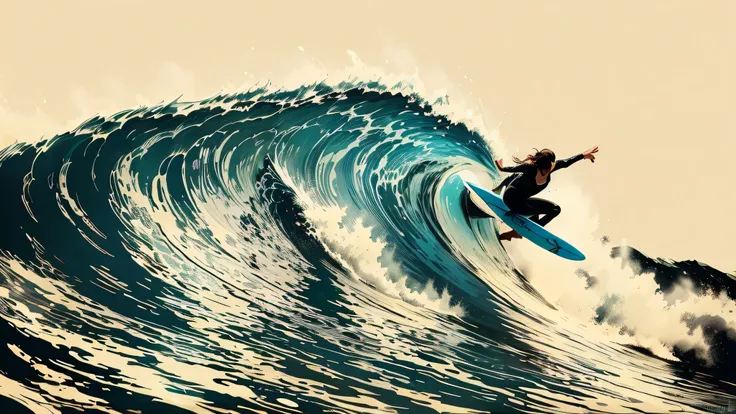 surfer riding a wave in the ocean on a sunny day, by Tim Doyle, inspired by Tim Doyle, surfing, big wave surfing, jen bartel, surf, ride the wind and waves, surfing a barrel wave, big wave, tube wave, by Mitchell Johnson, by Arik Brauer, highly detailed ve...